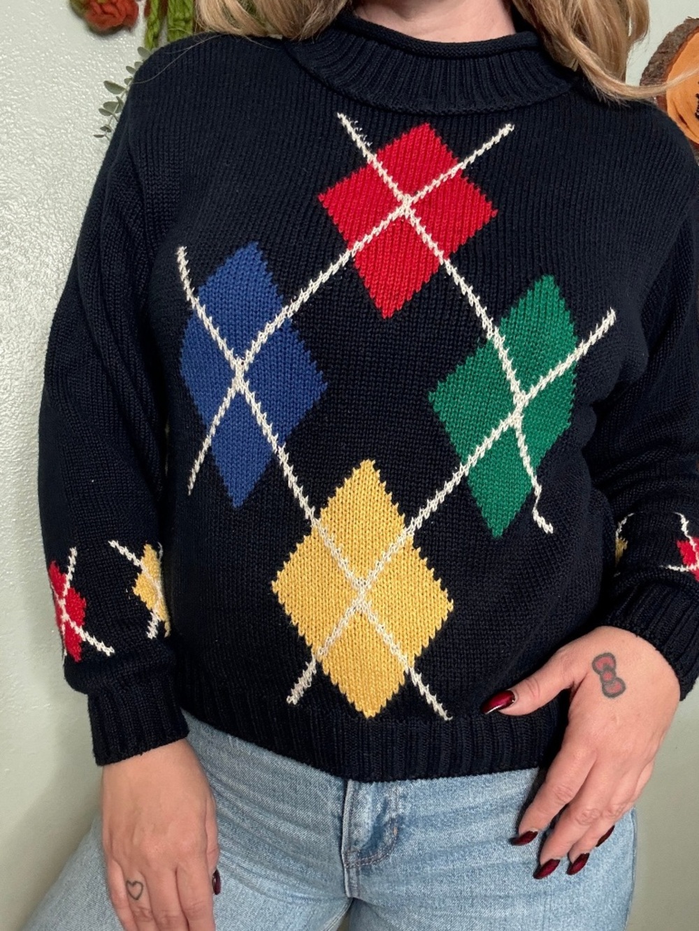 Lizsport Vintage Argyle Pullover Roll Neck Cotton Sweater